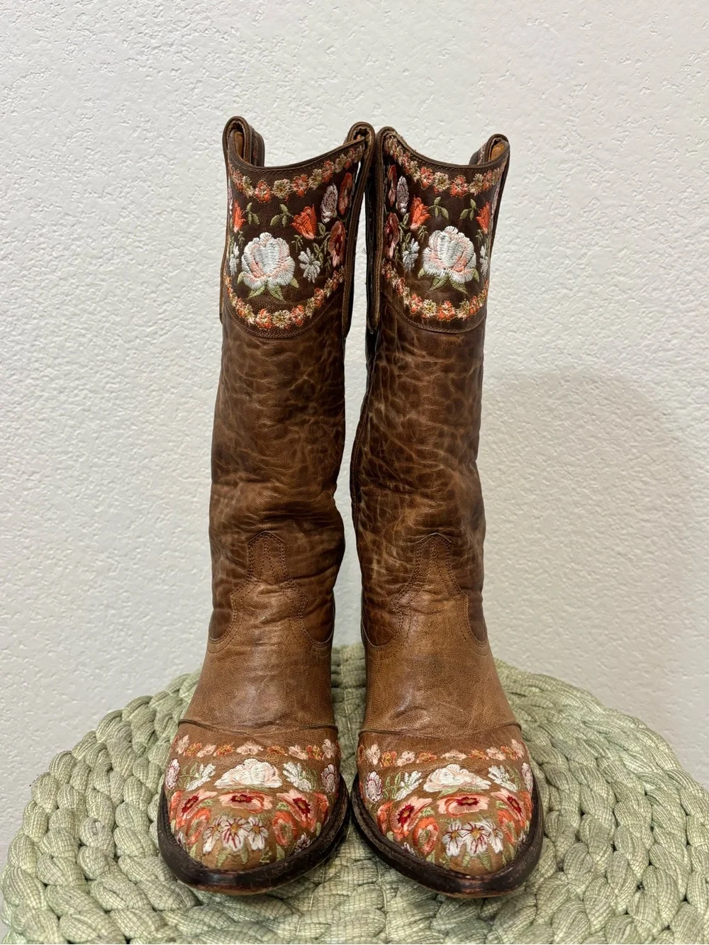 Old Gringo Pink/White Floral  Embroidered Brown Leather Cowboy Boots